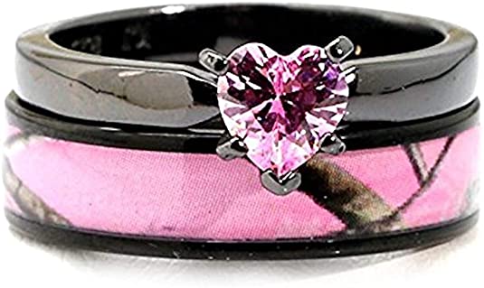 Black Plated Pink Camo Wedding Ring Set Pink Heart Engagement Rings Hypoallergenic Titanium and Stainless Steel