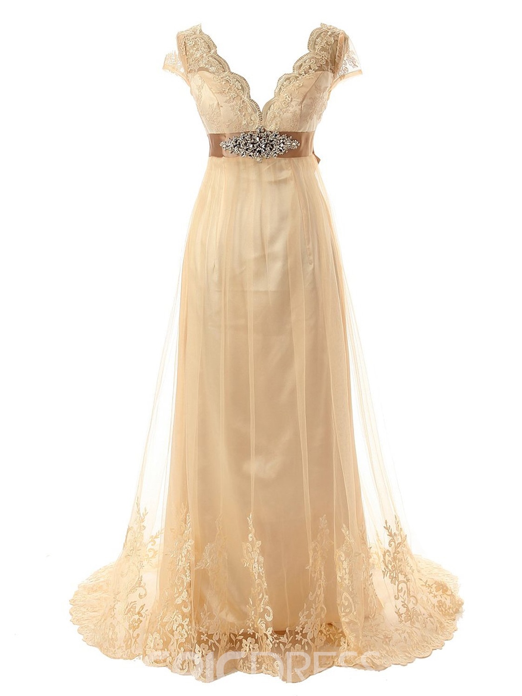 Cap Sleeve V-Neck Champagne Yellow Wedding Dress