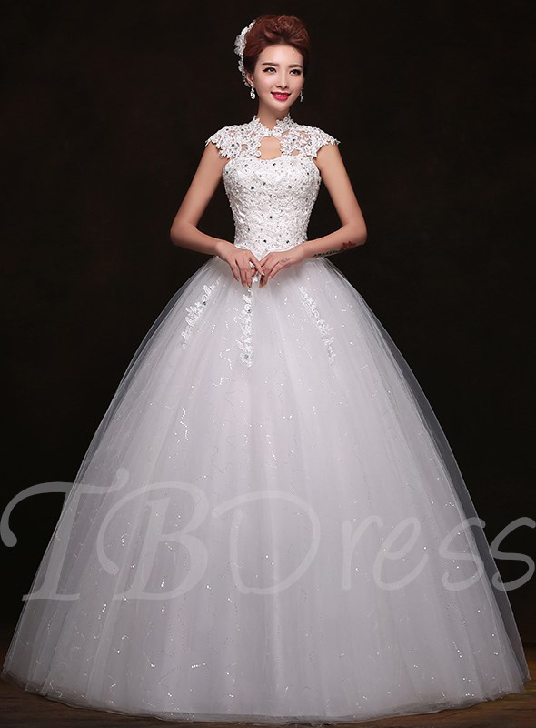 High Neck Appliques Beading Ball Gown Wedding Dress