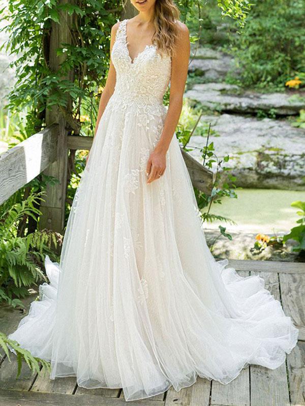 Simple A Line V Neck Sleeveless Wedding Dress, casual wedding ideas