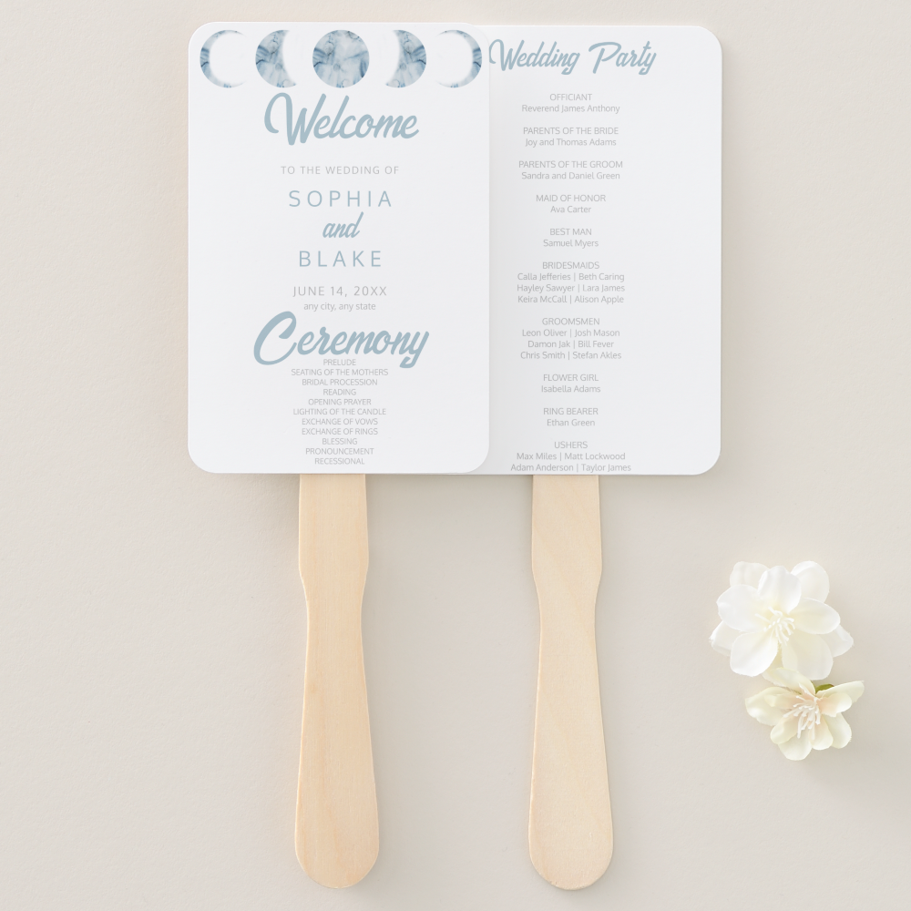 Minimalist Moon Phases Celestial Wedding Program Hand Fan, casual wedding ideas