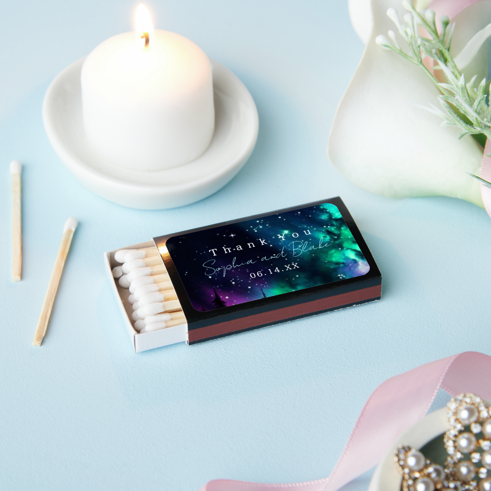 Celestial Northern Lights Wedding Favor Matchboxes, casual wedding ideas
