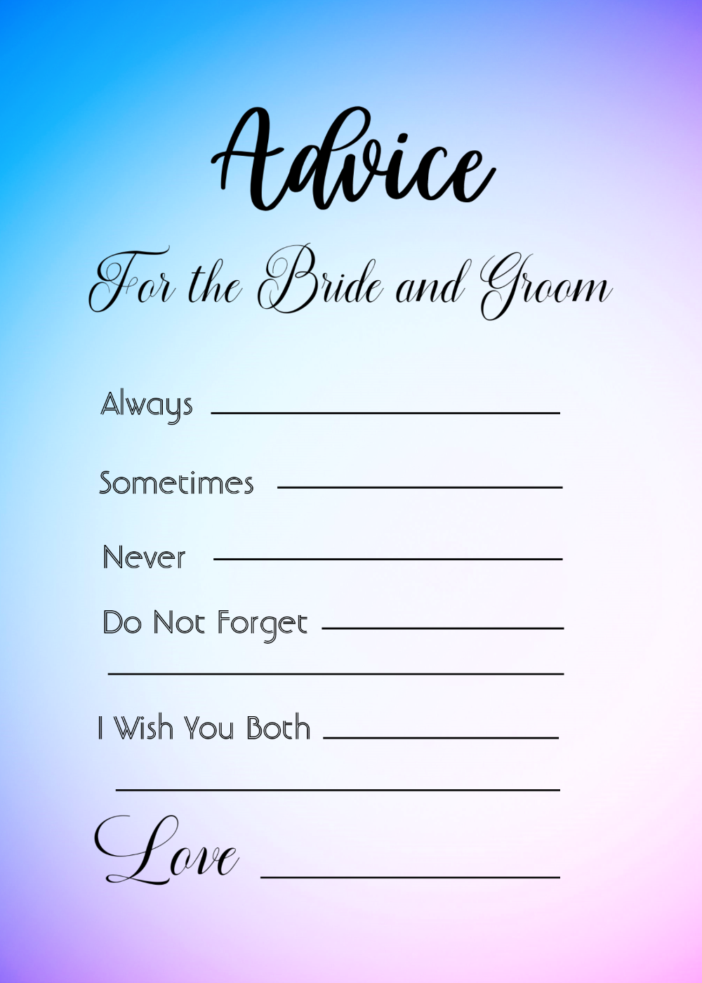 Advice For The Bride and Groom Blue Purple Ombre Game, casual wedding ideas