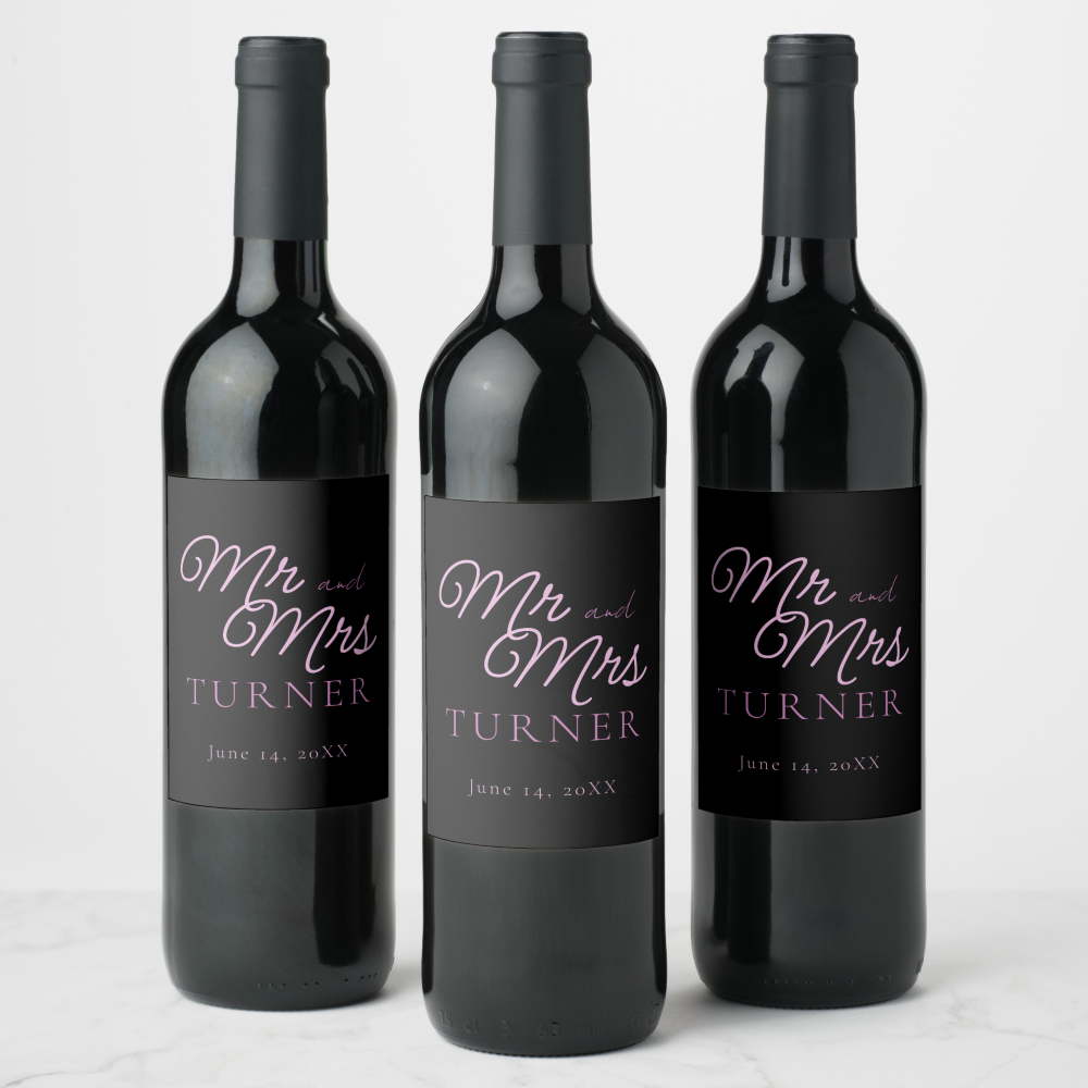Black and Pink Mr and Mrs Wedding Wine Label, casual wedding ideas