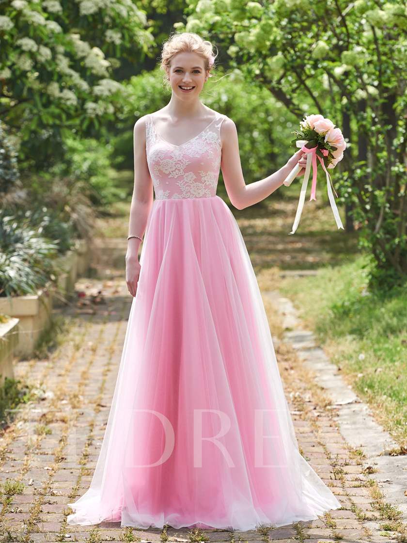 pink bridesmaid dresses, V-Neck Straps Lace Bridesmaid Dress, pretty lace bridesmaid gown