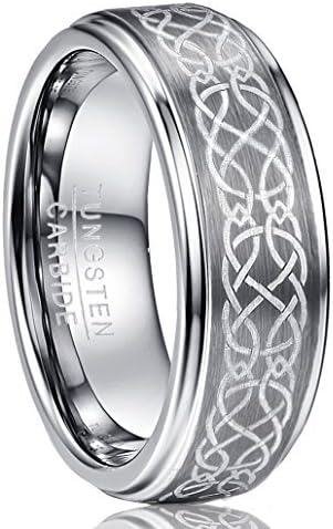 Vakki Men's 8mm Laser Celtic Knot Brushed Tungsten Carbide Wedding Band Rings Polished Step Edge, celtic wedding ring, celtic wedding band, silver wedding ring