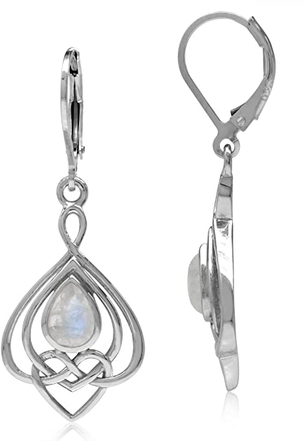 Celtic Wedding Theme, Celtic Weddings, Celtic Jewelry, Celtic Earrings, Natural Moonstone 925 Sterling Silver Celtic Heart Knot Drop Dangle Leverback Earrings