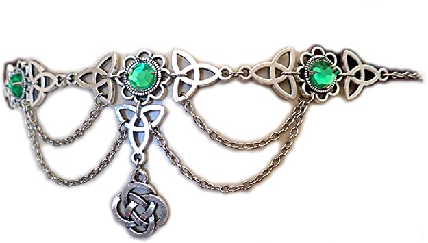 Celtic Wedding Headpiece, Moon Maiden Jewelry Celtic Triquetra Trinity Knot Draping Chain Headpiece Bright Green, Celtic Draping Chain For Bride