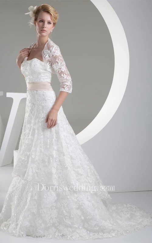 Cheap Wedding Plans, Budget wedding plans, budget wedding dresses, affordable wedding dresses, Sleeveless A-Line Lace Sweep Train And Dress With Bolero