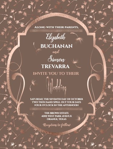 Cheap wedding plans, cheap wedding invitations, budget wedding invitations, Rose Gold Dandelions and Chocolate Postcard