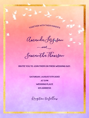 Cheap wedding plans, cheap wedding invitations, budget wedding invitations, Rainbow purple pink golden wedding invitation postcard