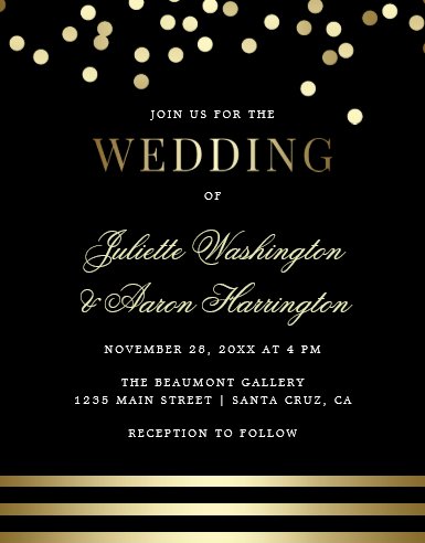 cheap wedding tips, affordable wedding invitations, black and gold wedding invitations, Elegant Black and Gold Trendy Confetti Wedding Invitation Postcard