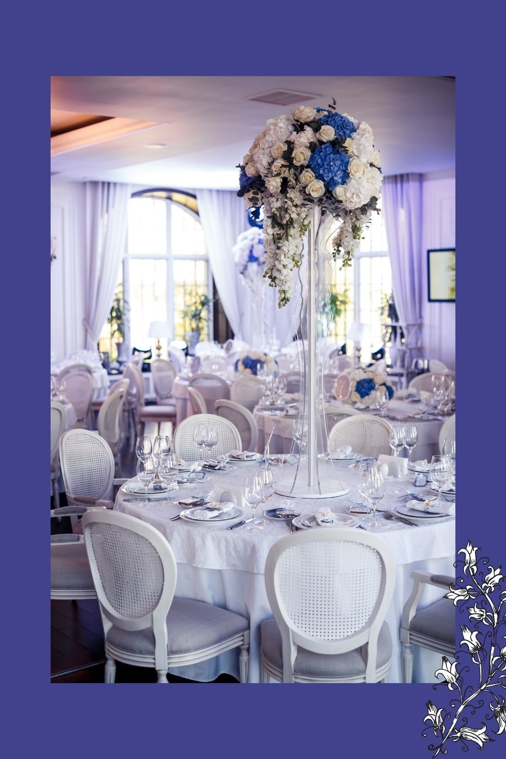 cheap wedding tips, cheap wedding ideas, white and blue tall wedding centerpieces, blue and white floral wedding centerpieces