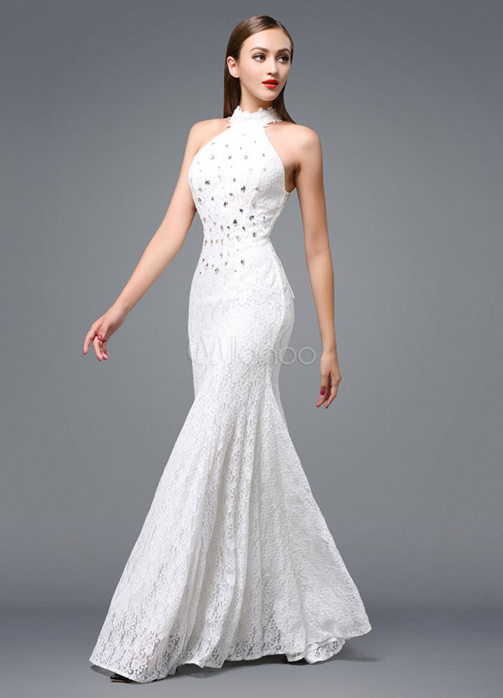 cheap wedding tips, affordable wedding gowns, Beach Wedding Dress Lace Backless Evening Dress Halter Beading Floor-length Party Dress, backless wedding dress