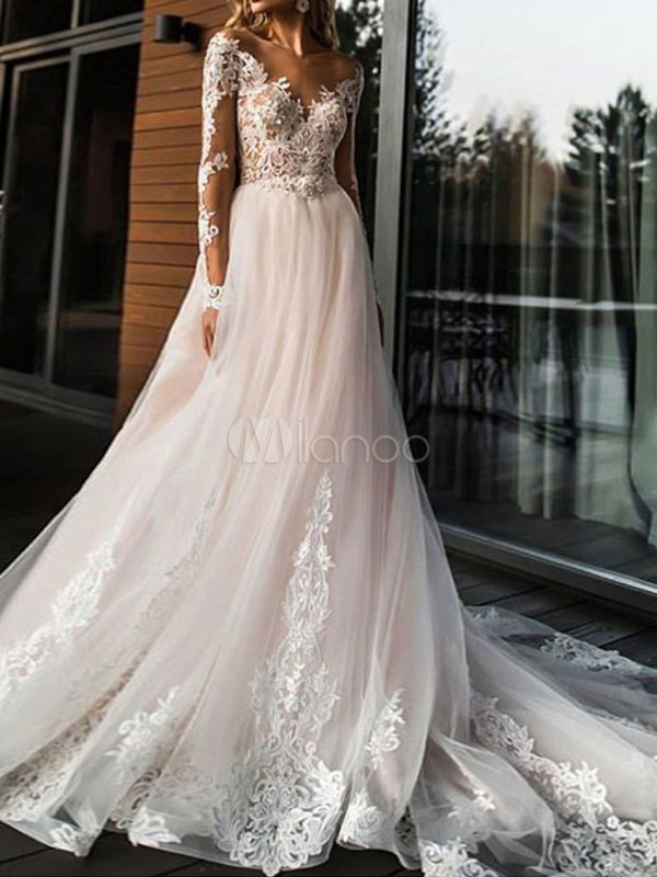 cheap wedding tips, affordable wedding dresses, a line v neck long sleeve lace applique tulle bridal gowns with chapel train, a line wedding gown, affordable a line v neck wedding dress