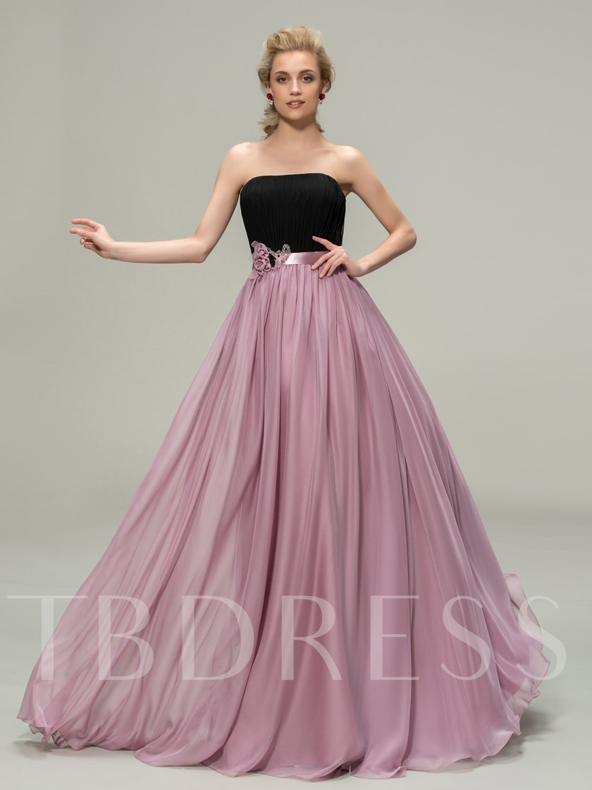 pink and black bridesmaid dresses, pink and black bridesmaid gowns, Strapless A-Line Flowers Beading Bridesmaid Dress