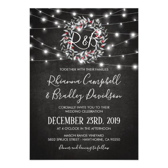 Rustic Winter Christmas Wreath Lights Wedding Card, Christmas Wedding Invitations, Black and White wedding invitations