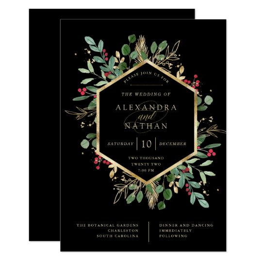 Christmas Wedding Invitations, Black Christmas Wedding Invitations, Black Floral Wedding Invitations, Gilded Greenery on Black Christmas Wedding Invitations