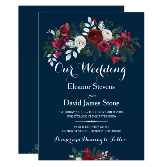 Rustic winter navy blue burgundy floral wedding card, Christmas Wedding Invitations