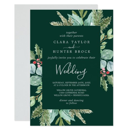 Christmas Wedding Invitations, Green Christmas Wedding Invitations, Holiday Wedding Invitations, Christmas Greenery & Red Berry Green Wedding Invitation