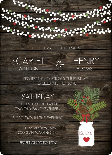 Christmas Mason Jar Christmas Wedding Invitation, Christmas Wedding Invitations, Christmas Lights Wedding Invitations