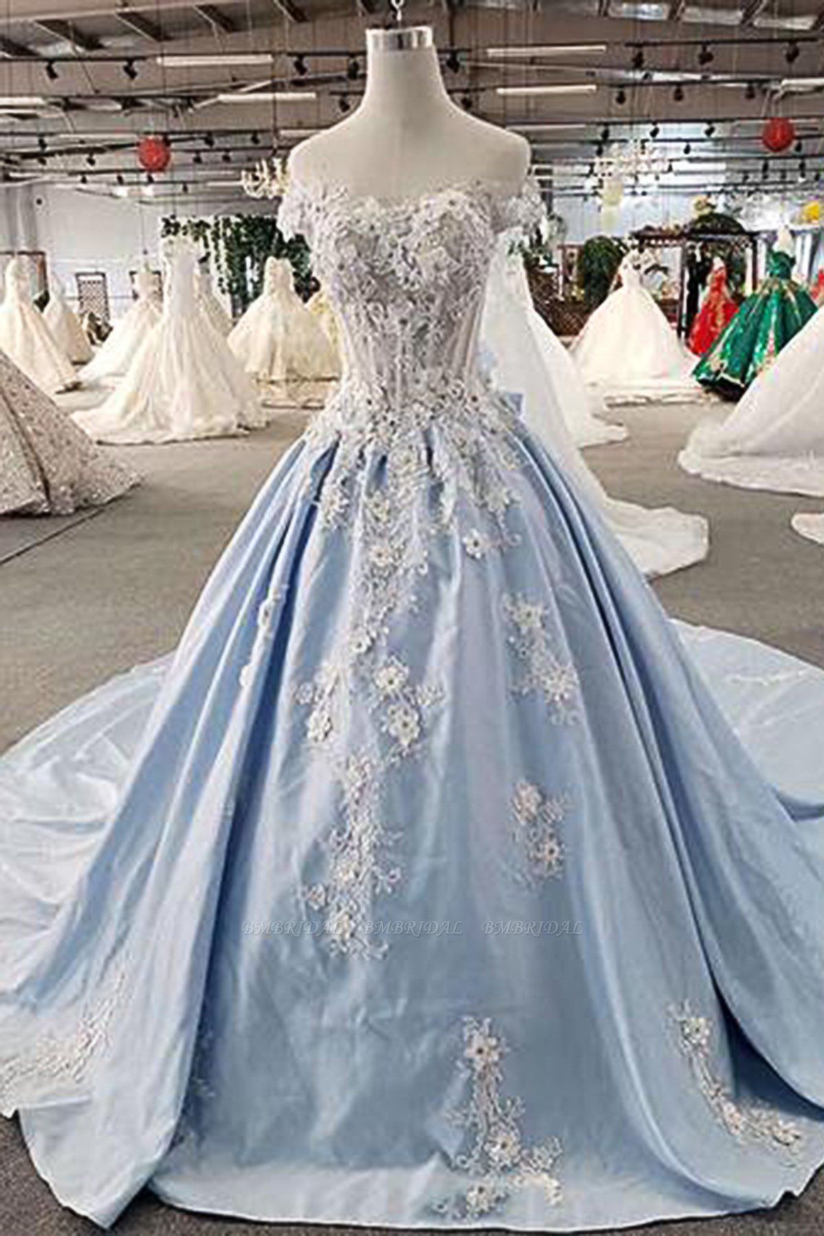 Cinderella wedding ideas, fairytales weddings, blue wedding gowns, Light Blue Satin Sweep Train Wedding Dress Off Shoulder Sleeveless