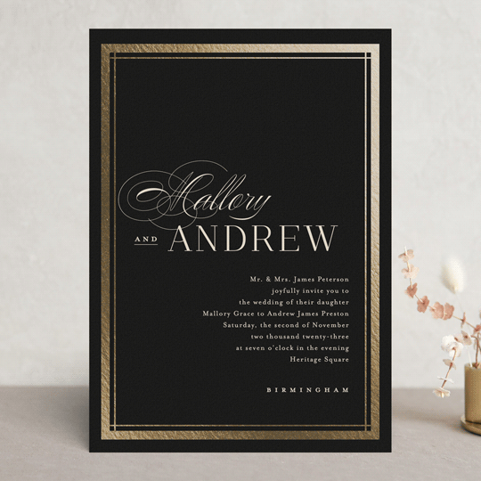 classic wedding invitations, formal wedding invitations, Formal Black Wedding Invitation With Gold Border, black wedding invites