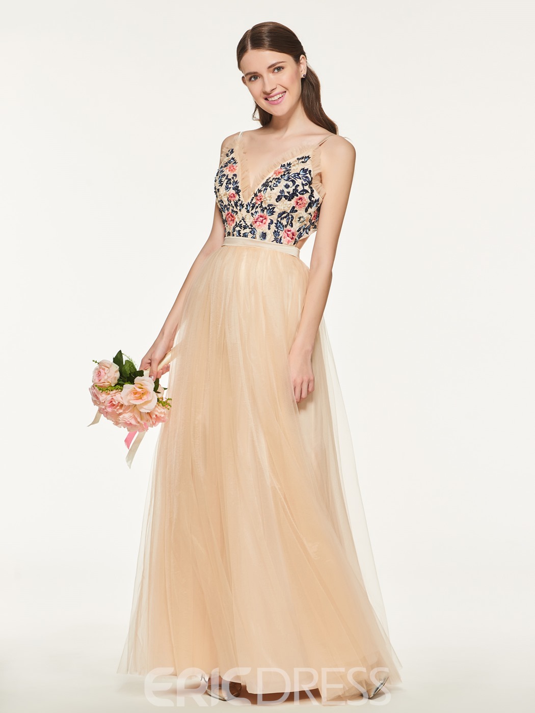 Country A-Line Tulle Bridesmaid Dress With Floral Accents