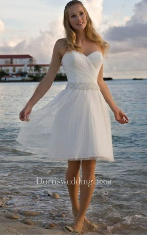 country wedding dresses, Angelic Crisscross Ruched Bodice Short Dress With Beaded Waist