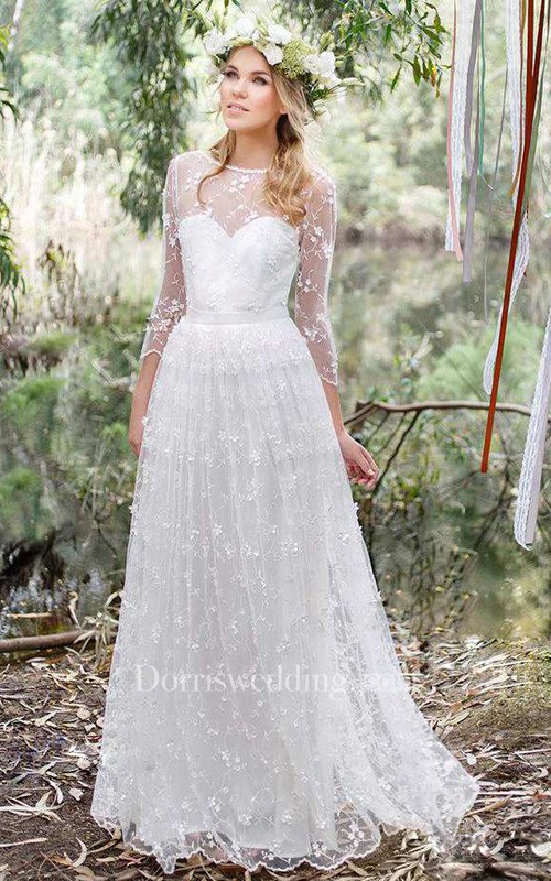 country wedding dresses, Chiffon Lace Low-V Back Wedding Dress