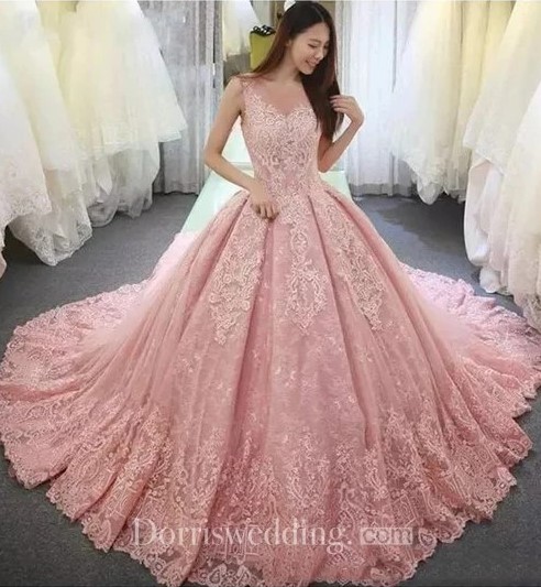 country wedding dresses, country wedding gowns, V-Neck Illusion 3 4 Length Sleeve Sweep Train Lace Tulle Ball Gown Wedding Dress