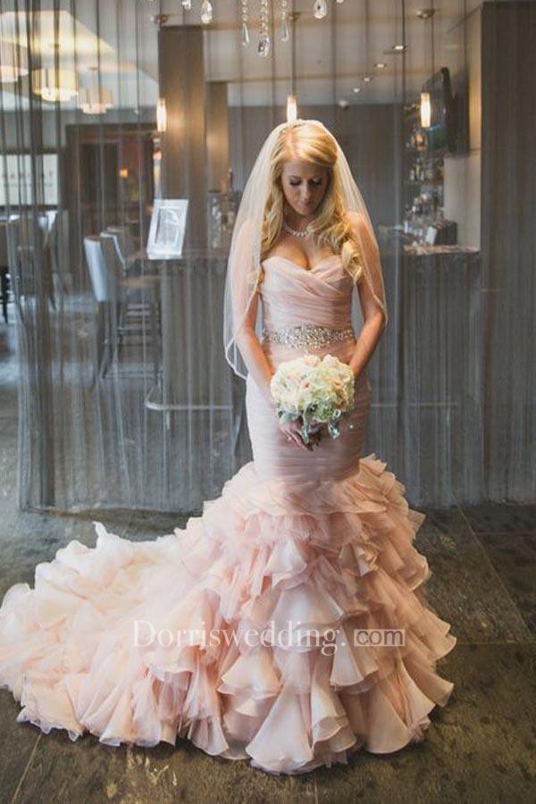 country wedding dresses, pink wedding dresses, Sweetheart Tiered Train Organza Mermaid Wedding Dress With Beading