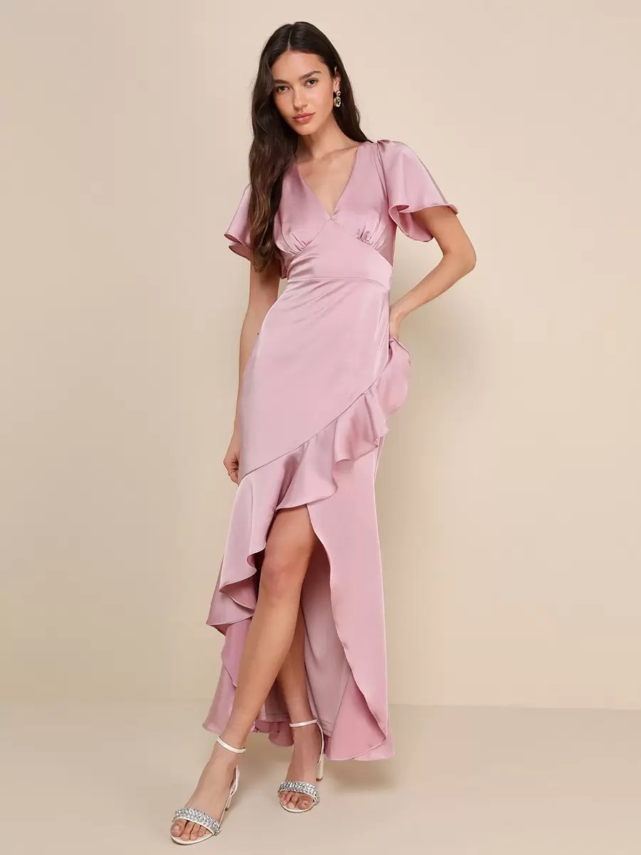 Pink Bridesmaid Dress V-Neck Ruffles Asymmetrical A-Line Maxi Dress, country wedding ideas