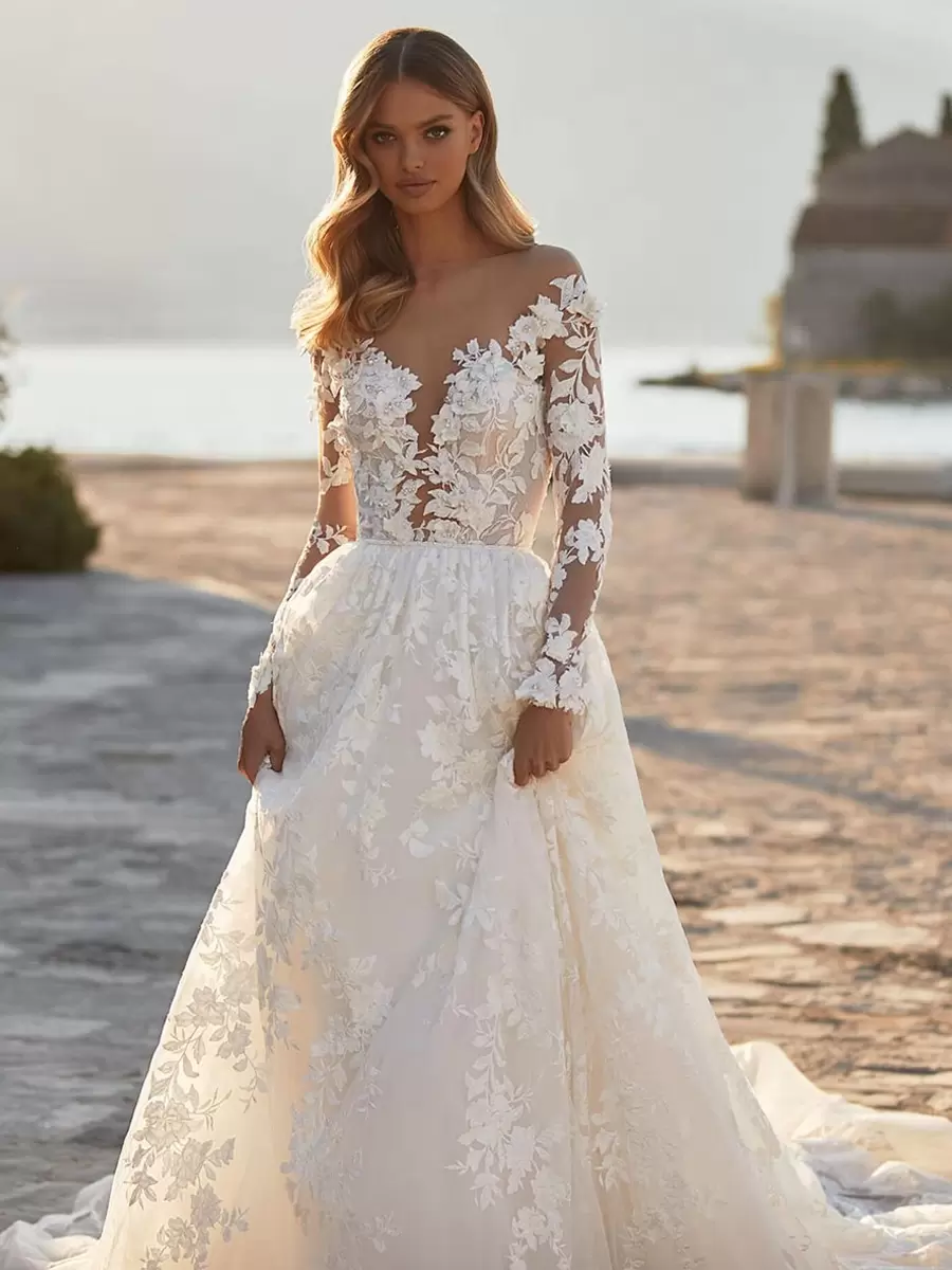 Lace Wedding Dress With Train A-Line Sleeveless Lace V-Neck Bridal Gowns, country wedding ideas