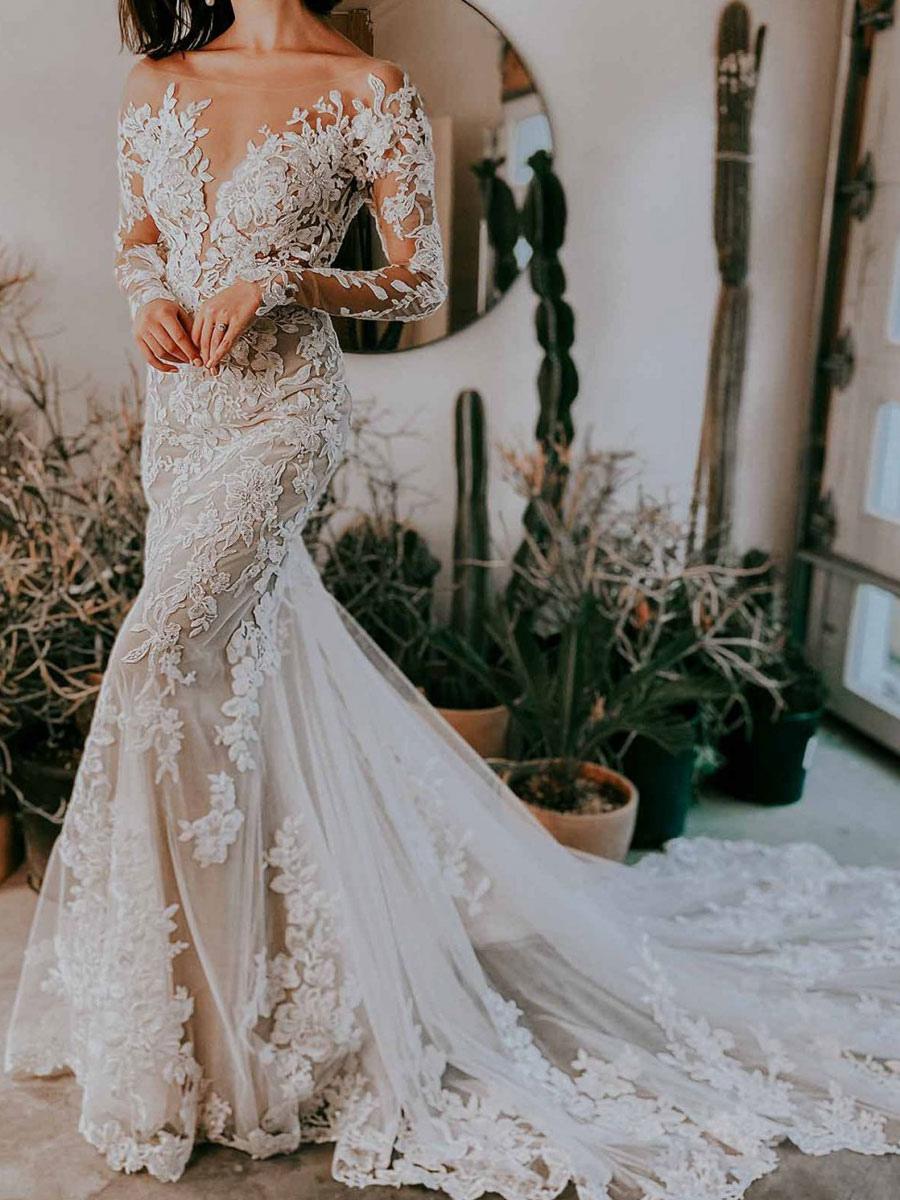 Ecru White Mermaid Wedding Dress Illusion Neckline Long Sleeves Backless Lace With Train Bridal Dress, country wedding ideas