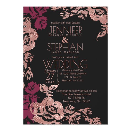 wedding invitations, beautiful wedding invitations, floral wedding invitations, Wine Red Black Rose Gold Glitter Floral Wedding Invitation, pink and black wedding invitations