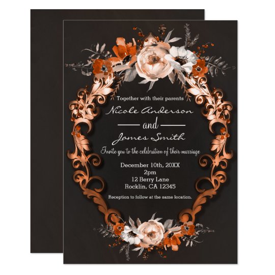 wedding invitations, Fall Wedding Orange Floral Flowers Elegant Invitation, orange floral wedding invitations, fall wedding invitations, autumn wedding invitations