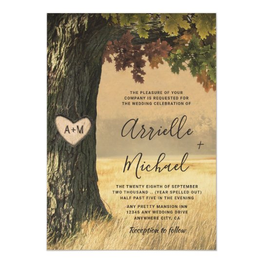 wedding invitations, rustic wedding invitations, fall wedding invitations, Fall Carved Oak Tree Country Rustic Forest Wedding Invitation