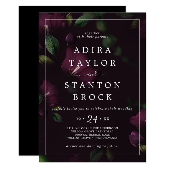 wedding invitations, Black and Deep Purple Floral Wedding Invitation, purple wedding invitations, black wedding invitations