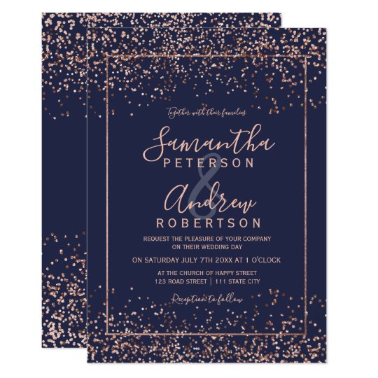 wedding invitations, Rose gold navy blue confetti typography wedding invitation, blue and rose gold wedding invitations, modern wedding invitations