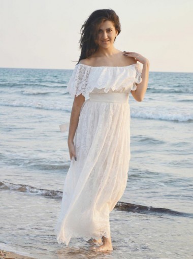 A-Line Off-the-Shoulder Boho Lace Beach Wedding Dress with Ruffles