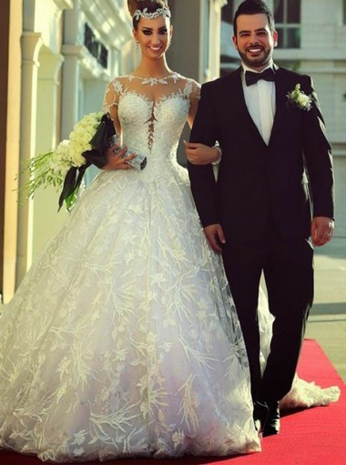 Sweep Train Ball Gown Lace Wedding Dress with Illusion Back