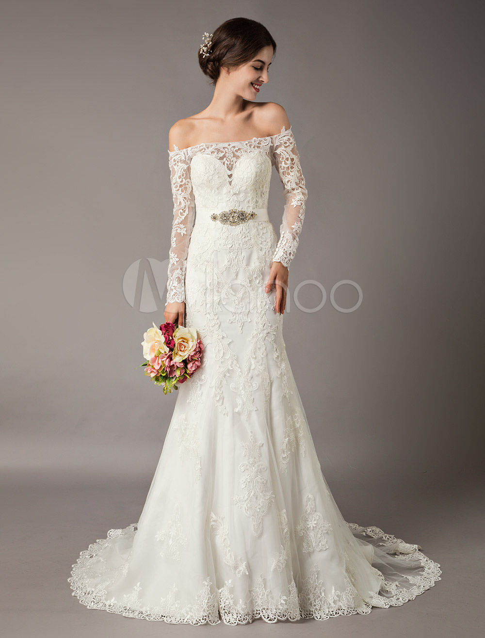 Lace Wedding Dresses Ivory Mermaid Off Shoulder Long Sleeve Beaded Sash Bridal Gowns With Train