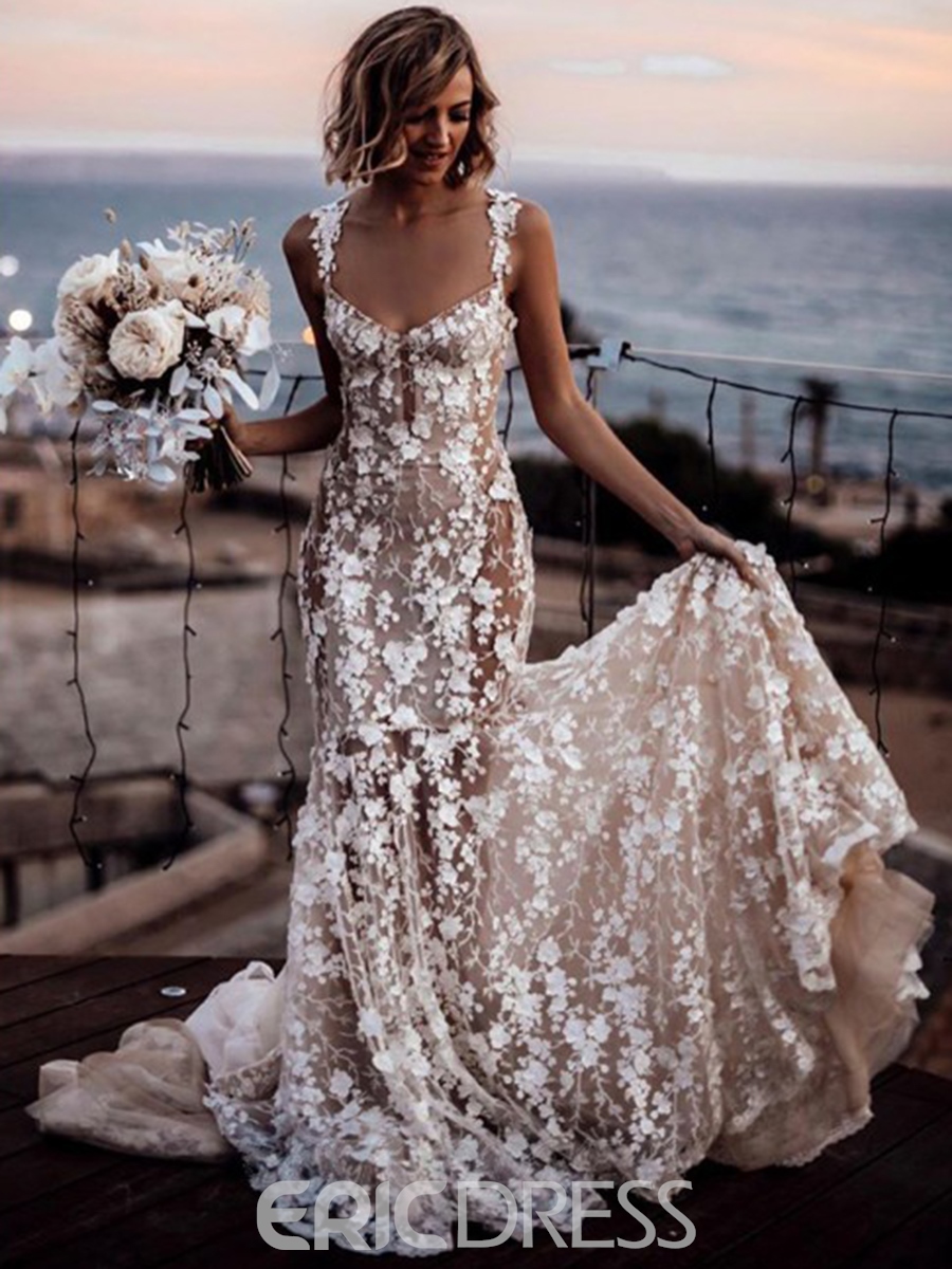 Trumpet/Mermaid Sweep/Brush Straps Lace Garden/Outdoor Wedding Dress