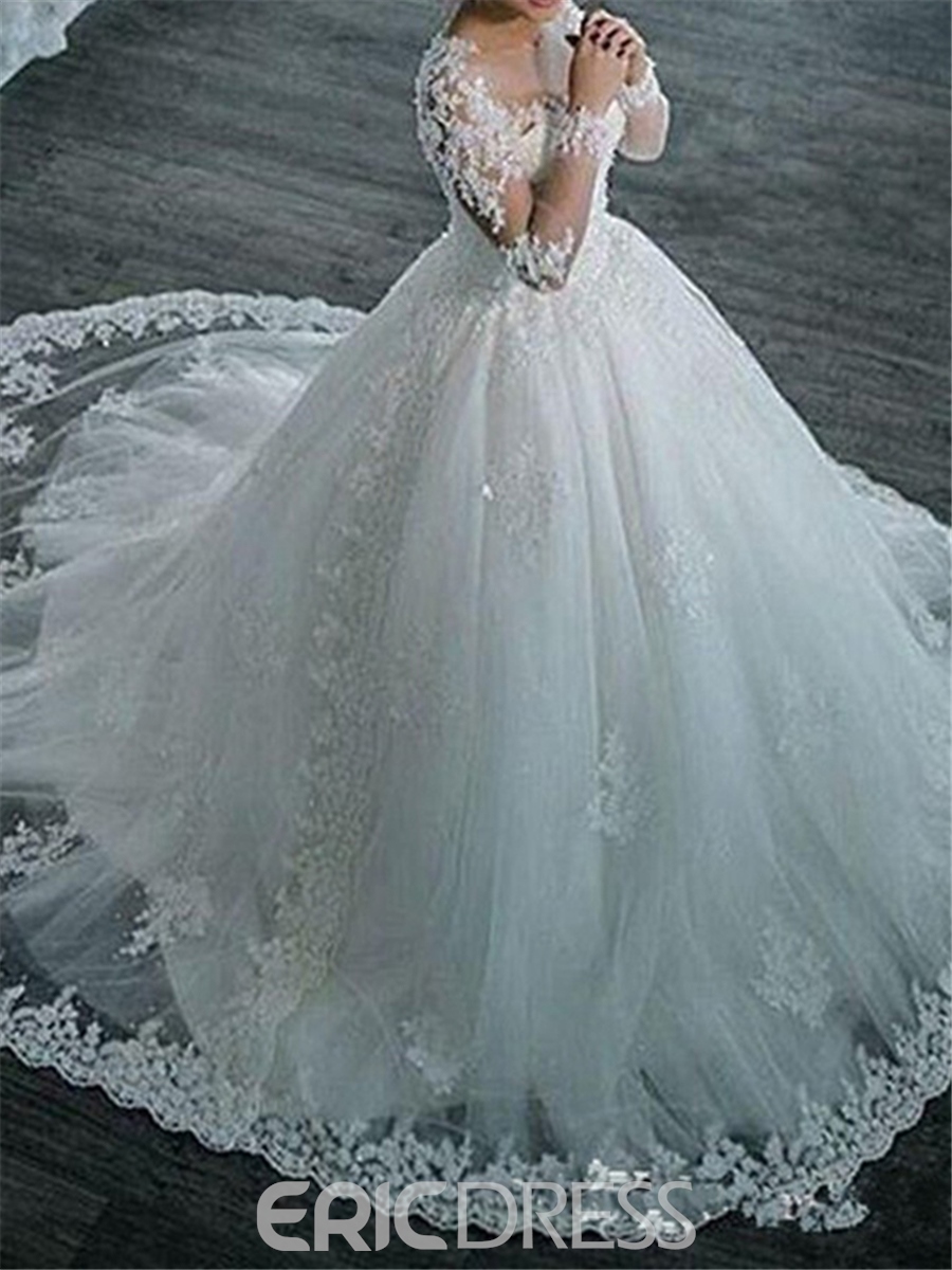 Lace Ball Gown Appliques Beaded Long Sleeves Wedding Dress