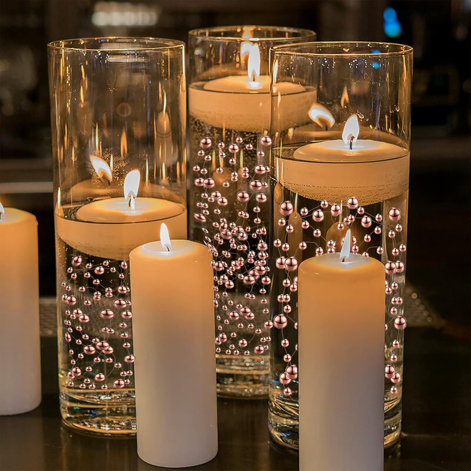 Elegant Pearl String Candle Centerpiece, decorating for wedding receptions