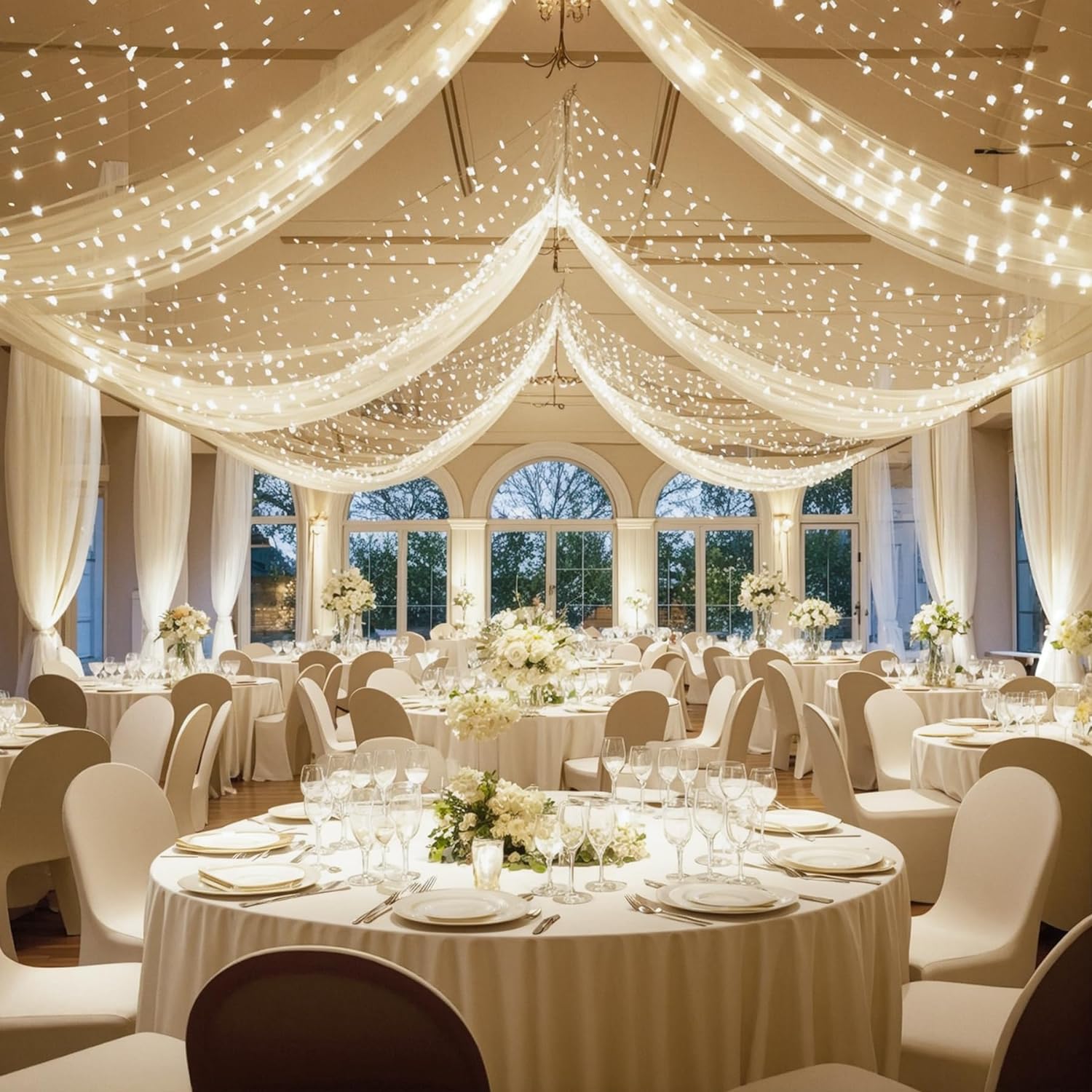 Ivory Tulle Draping with Lights, decorating for wedding receptions