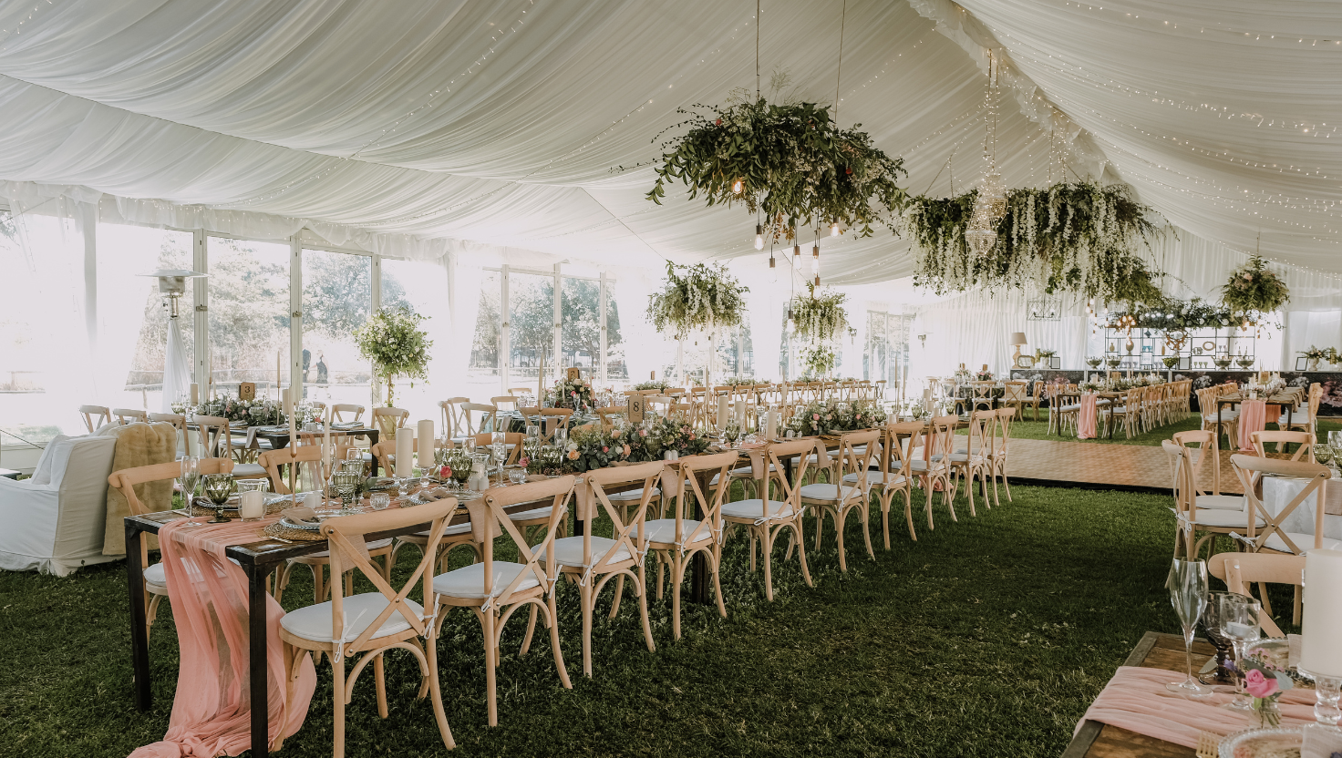 Beautiful Modern Wedding Reception with Hanging Flowers and Greenery, decorating for wedding receptions