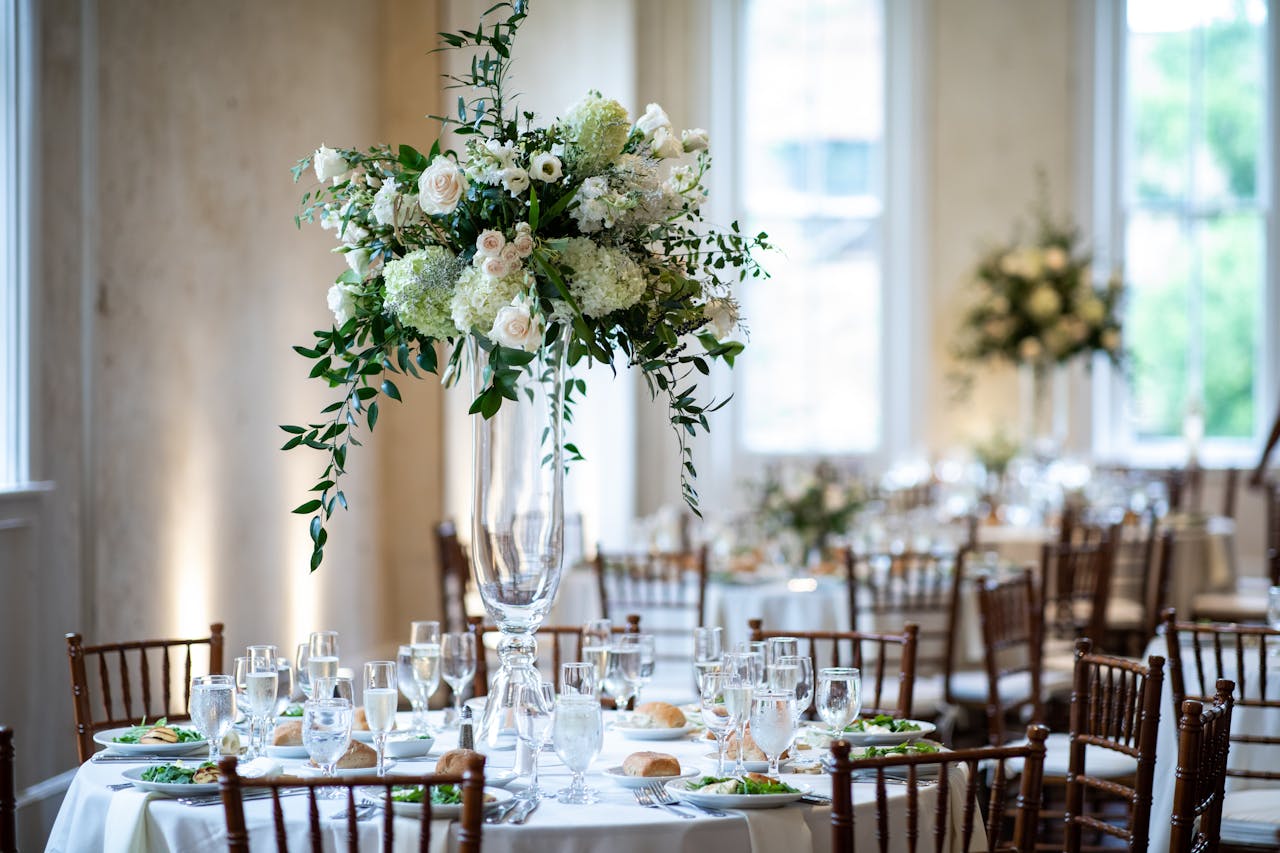 Elegant Tall White Floral Wedding Reception Centerpieces, decorating for wedding receptions