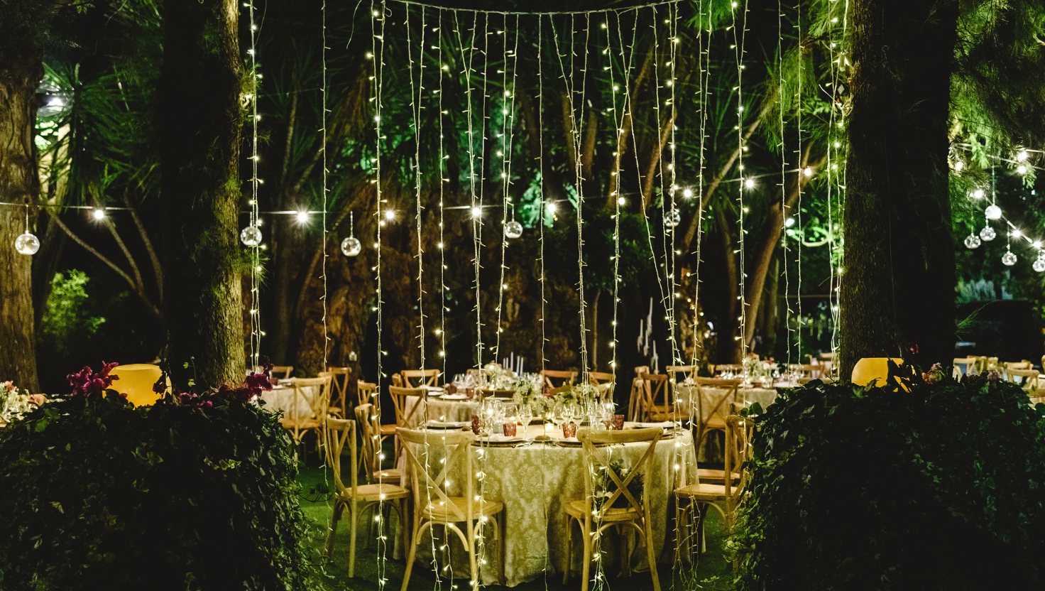 Outdoor Nighttime Garden Wedding Reception, decorating for wedding receptions